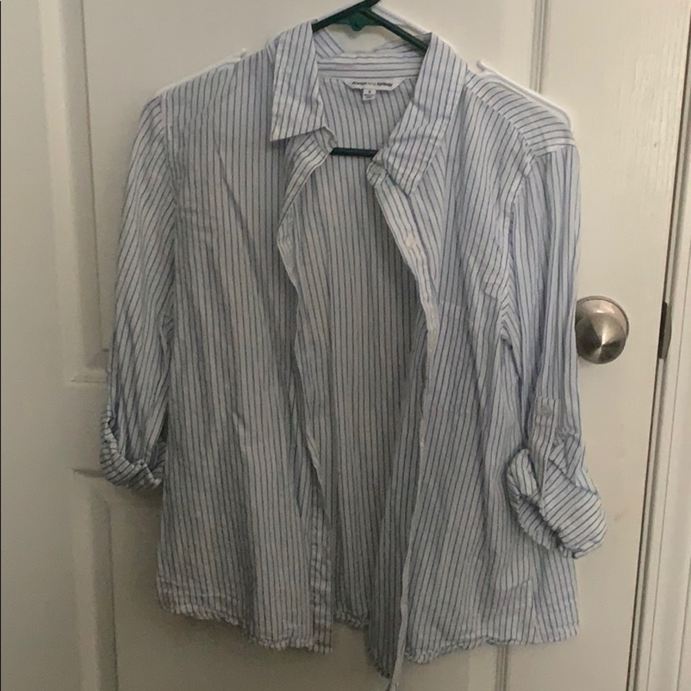 Blue and white striped button down blouse